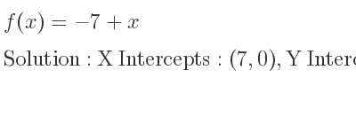 The f(x)=-7+x is X Intercepts: (7,0),Y Intercepts: (0,-7)